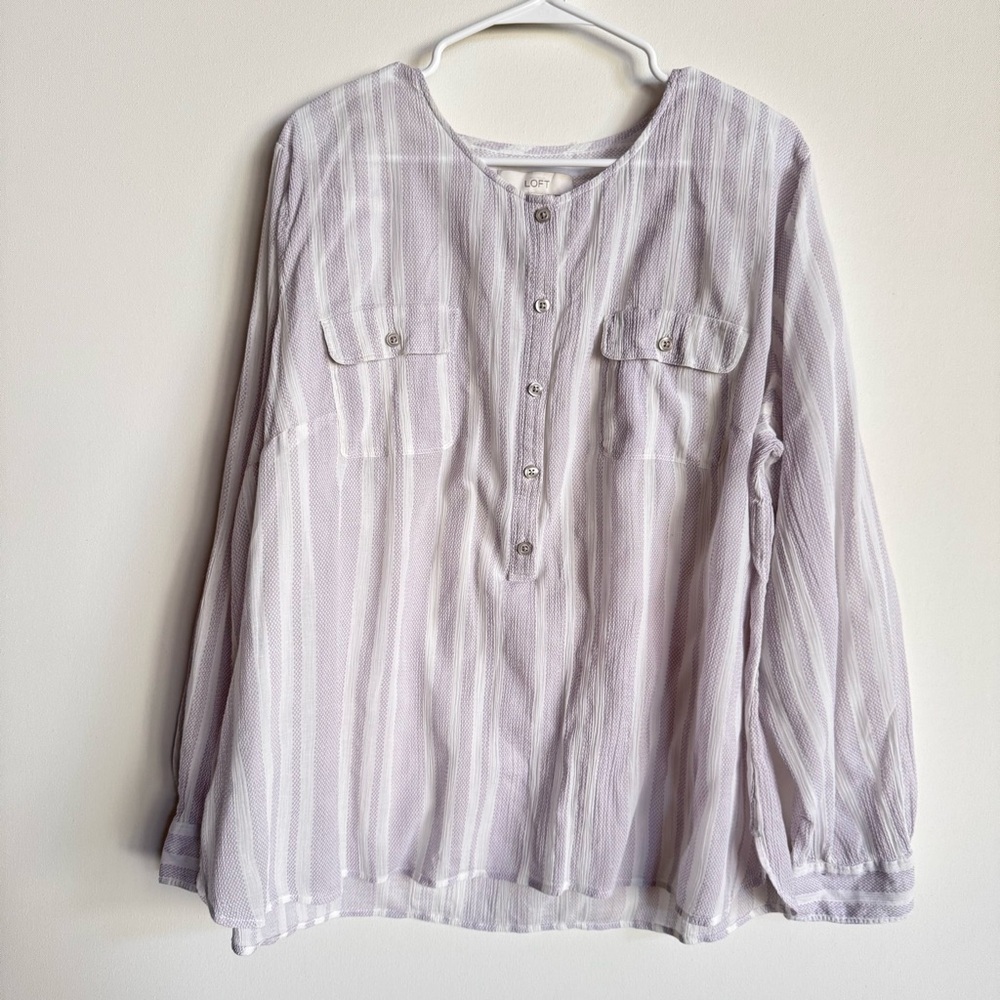 LOFT Purple and White Relaxed Blouse with Mandarin Collar